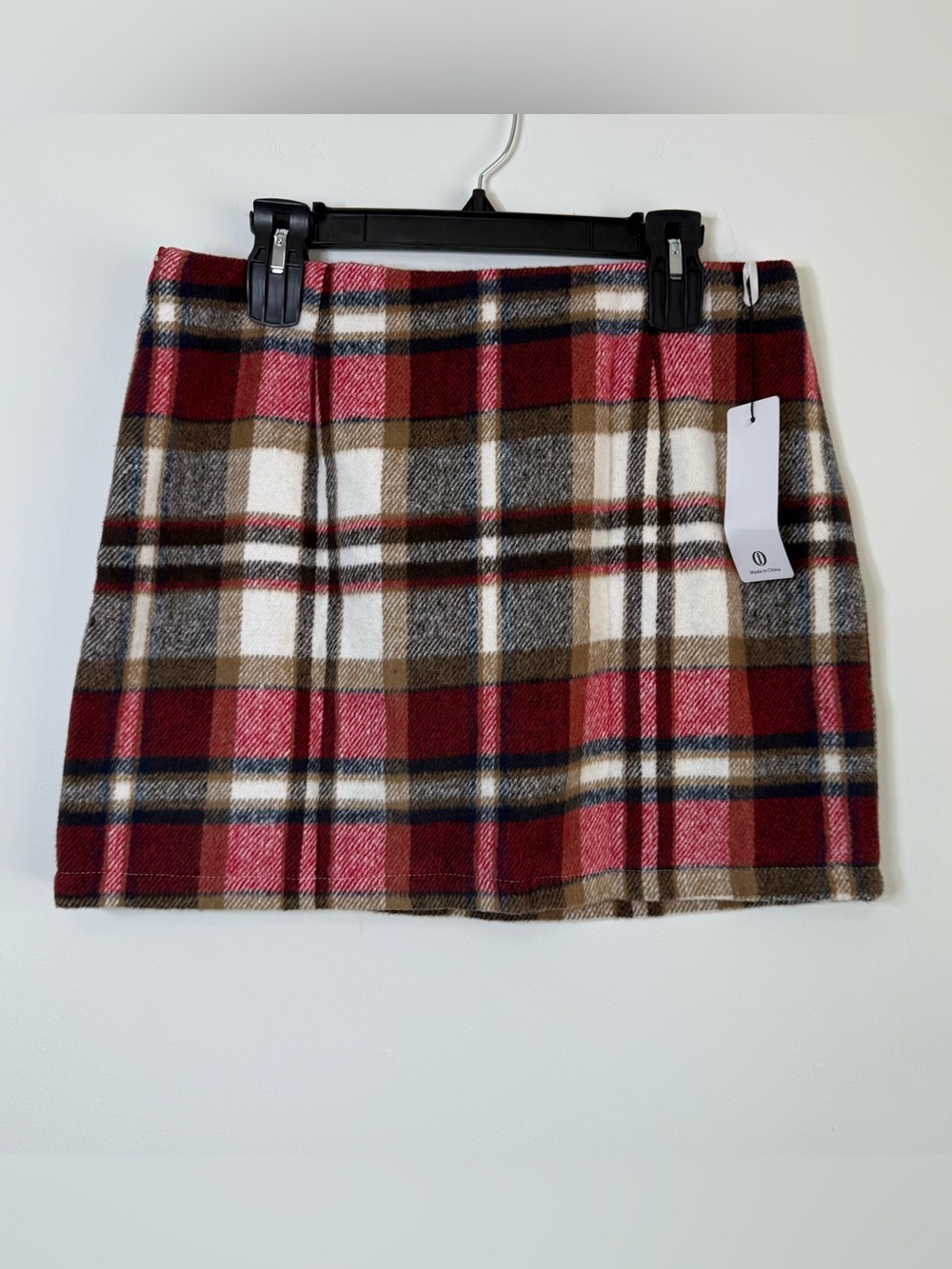 Red Brown Plaid Mini Skirt Wool Blend L Y2K Preppy Academic Grunge